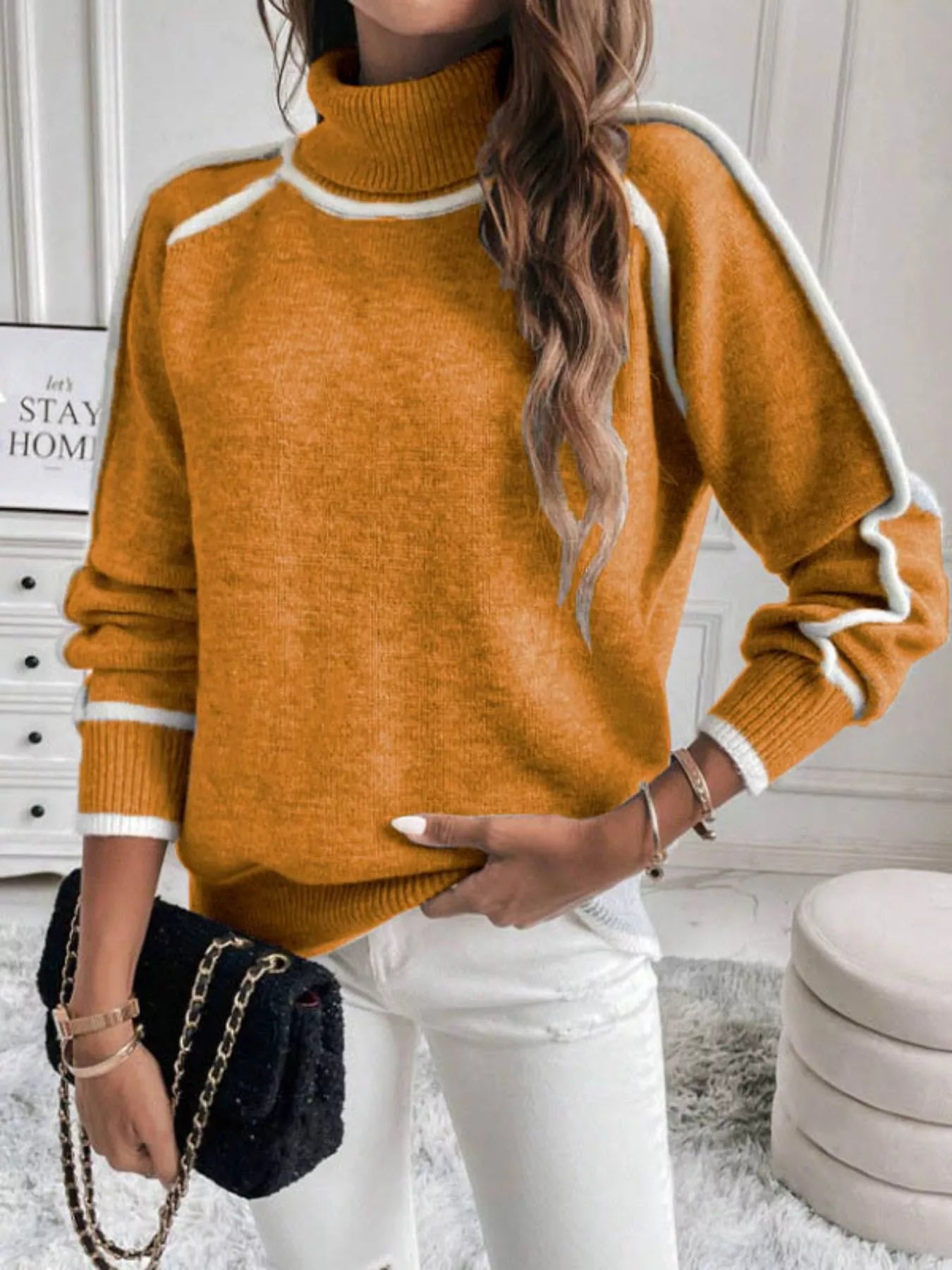 Full Size Turtleneck Contrast Trim Sweater Plus Size Ochre