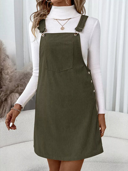 Corduroy Overall Mini Dress with Adjustable Straps Black Forest