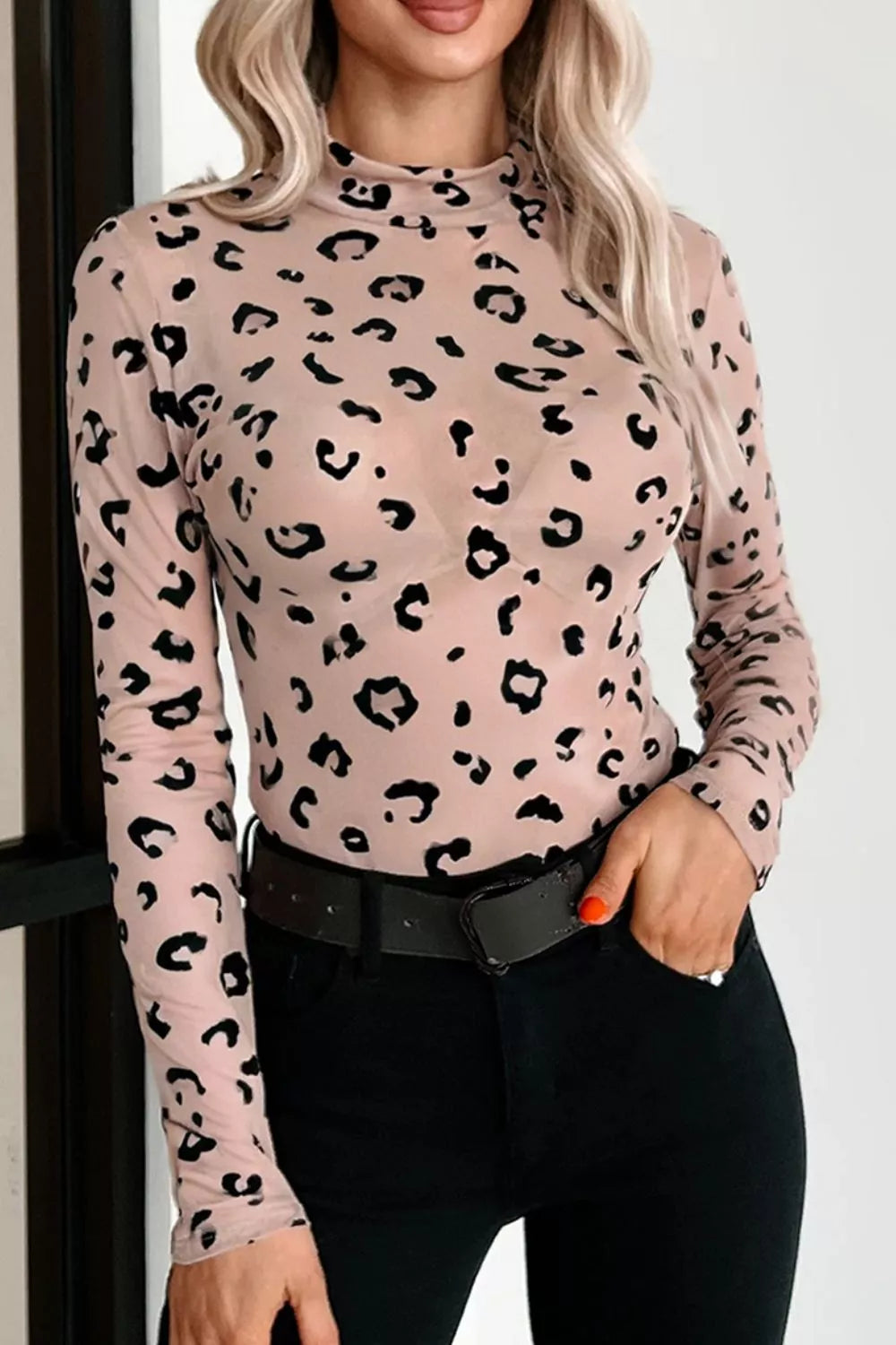 Leopard Print Sheer Mesh Bodysuit Khaki