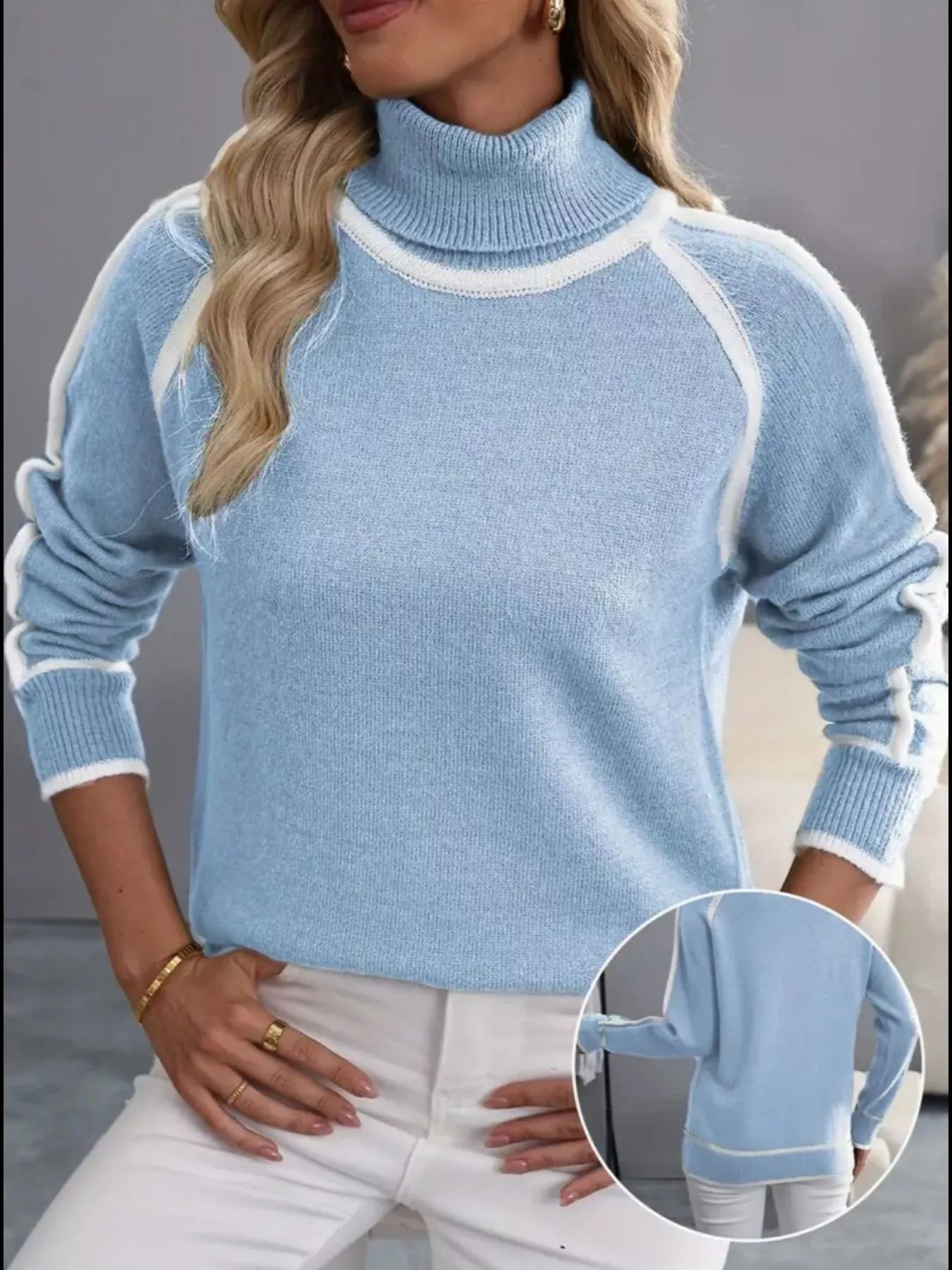 Full Size Turtleneck Contrast Trim Sweater Plus Size Light Blue
