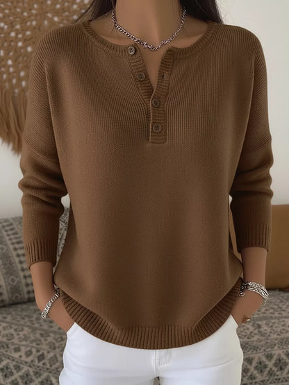 Full Size Half Button Long Sleeve Knit Top Plus Size Brown