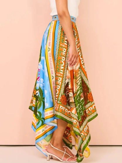 Printed Asymmetrical Hem Maxi Skirt