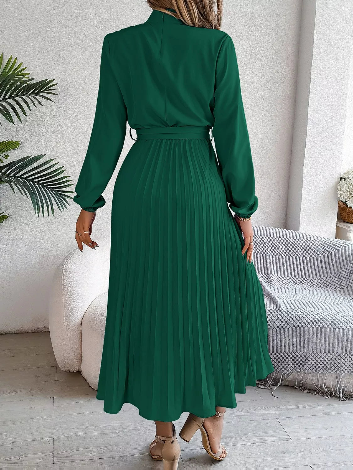 Mock Neck Pleated Midi Dress
