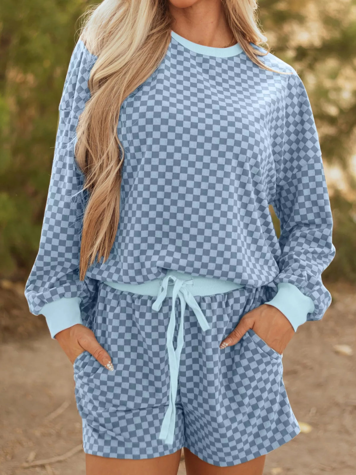 Checkerboard Long Sleeve Pullover and Shorts Set Light Blue