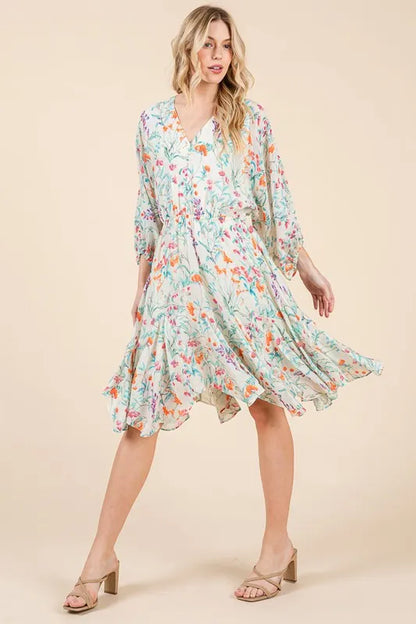 Lime 'N' Chili Floral Cinched Waist Balloon Sleeve V-Neck Dress