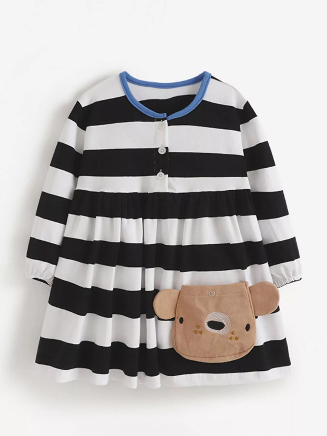 Children's Striped Long Sleeve Bear Applique Dress Black