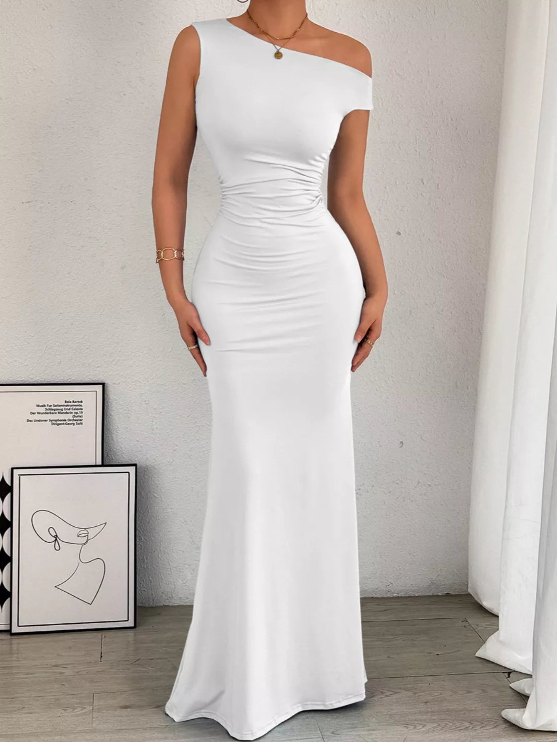 One-Shoulder Ruched Bodycon Maxi Dress White