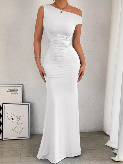 One-Shoulder Ruched Bodycon Maxi Dress White
