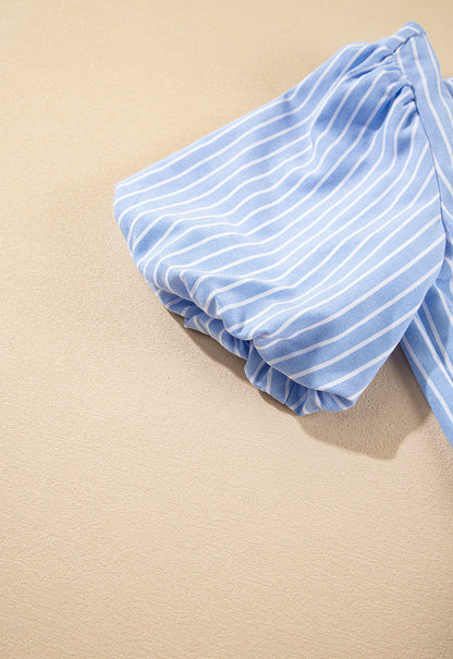 Striped Bowknot Detail Puff Sleeve Top and Shorts Set