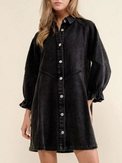 Ruffled Cuff Button-Down Denim Dress Black