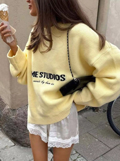 Letter Ribbed Hem Long Sleeve Sweater