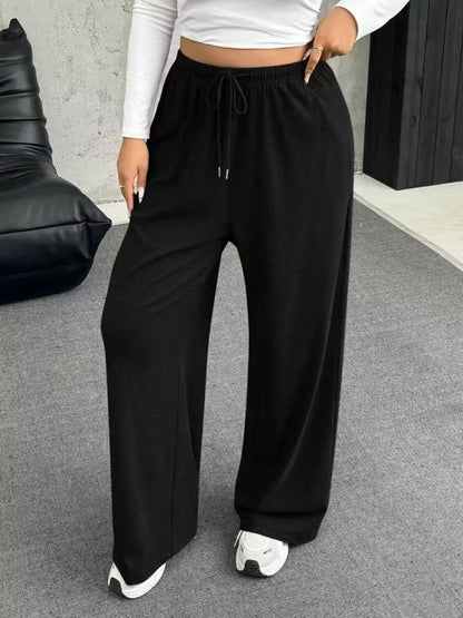 Full Size Drawstring Wide Leg Pants Plus Size Black
