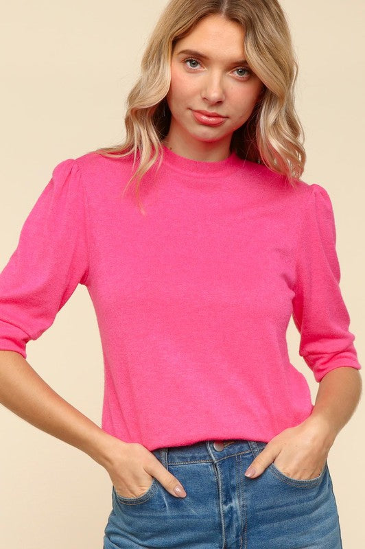 Back To School Sweater - Haptics Tied Back Mock Neck Half Sleeve Knit Top Hot Pink