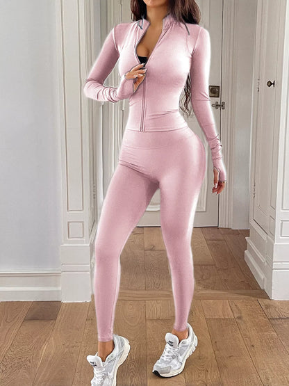 Zip Up Long Sleeve Top and Leggings Active Set Pink