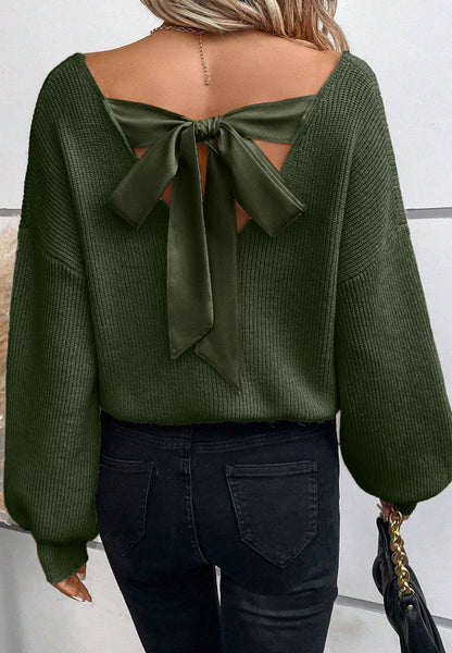 Tied Back V-Neck Long Sleeve Sweater Dark Green