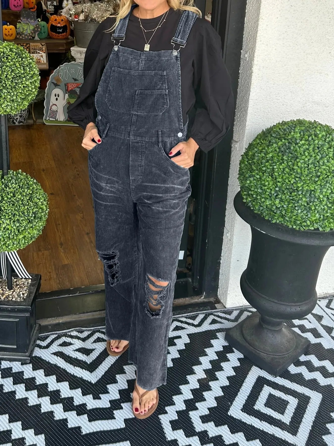 Distressed Wide Leg Corduroy Overalls Black