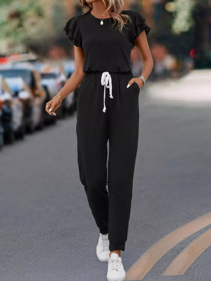 Ruffle Sleeve Drawstring Waist Casual Jumpsuit