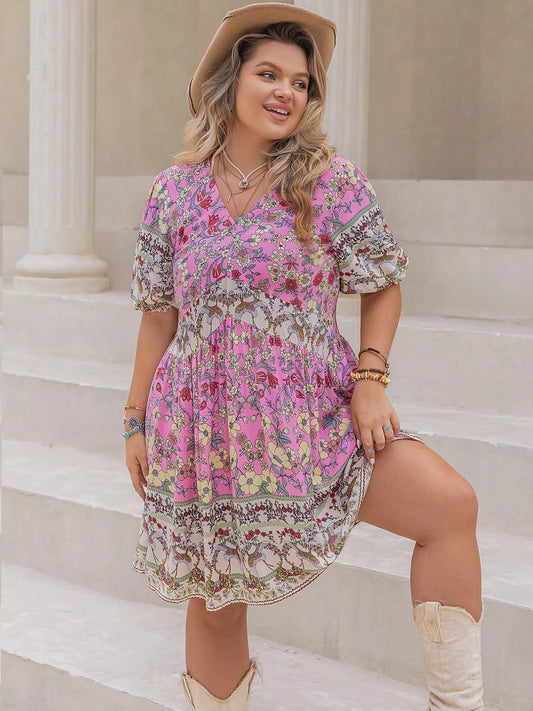 Plus Size Floral Print V-Neck Puff Sleeve Summer Dress Heliotrope Purple