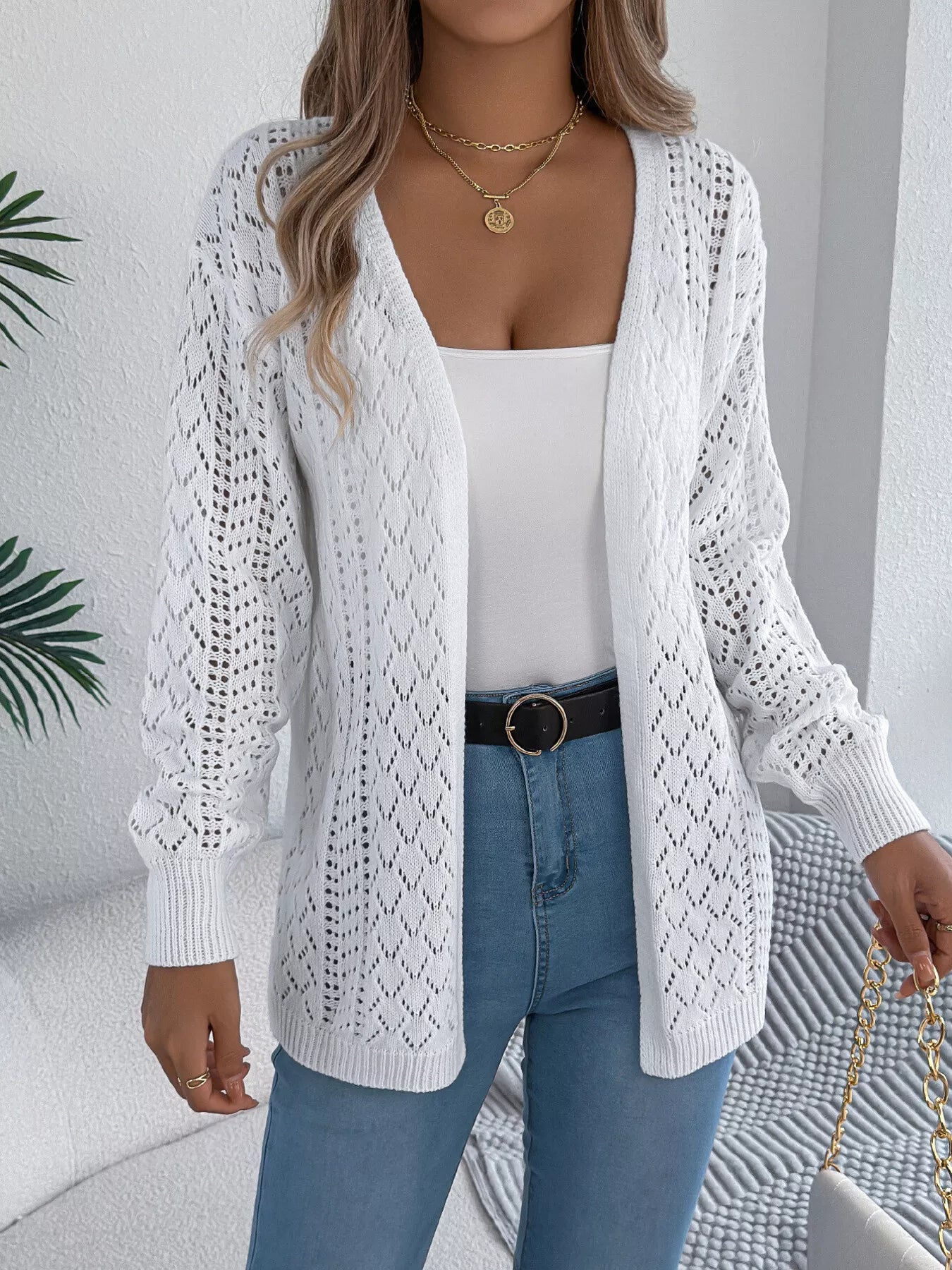 Openwork Open-Front Long Sleeve Cardigan