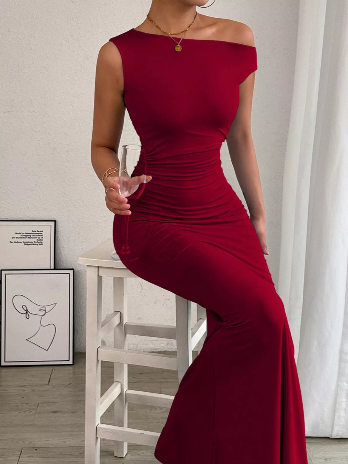 One-Shoulder Ruched Bodycon Maxi Dress Burgundy