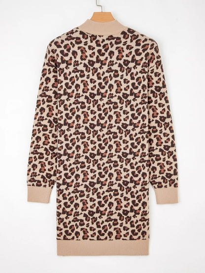 Leopard Print High Neck Shift Mini Sweater Dress
