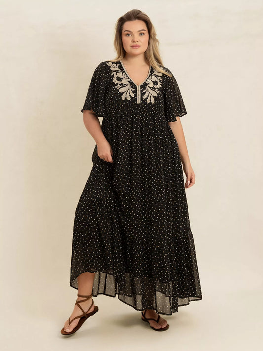 Plus Size Printed V-Neck Flutter Sleeve Maxi Dress Black