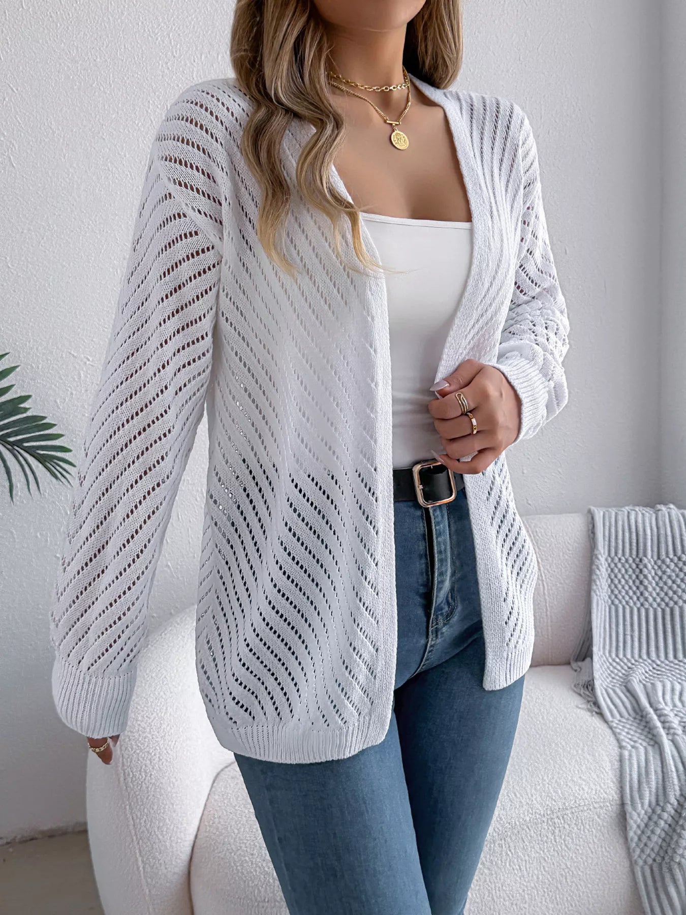 Openwork Open-Front Long Sleeve Cardigan