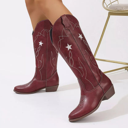 Western Star Embroidered Cowboy Boots Wine Red