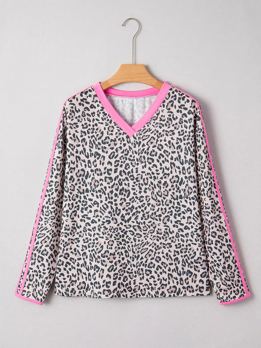 Leopard Print Contrast V Neck Varsity Stripe Detail Long Sleeve Top