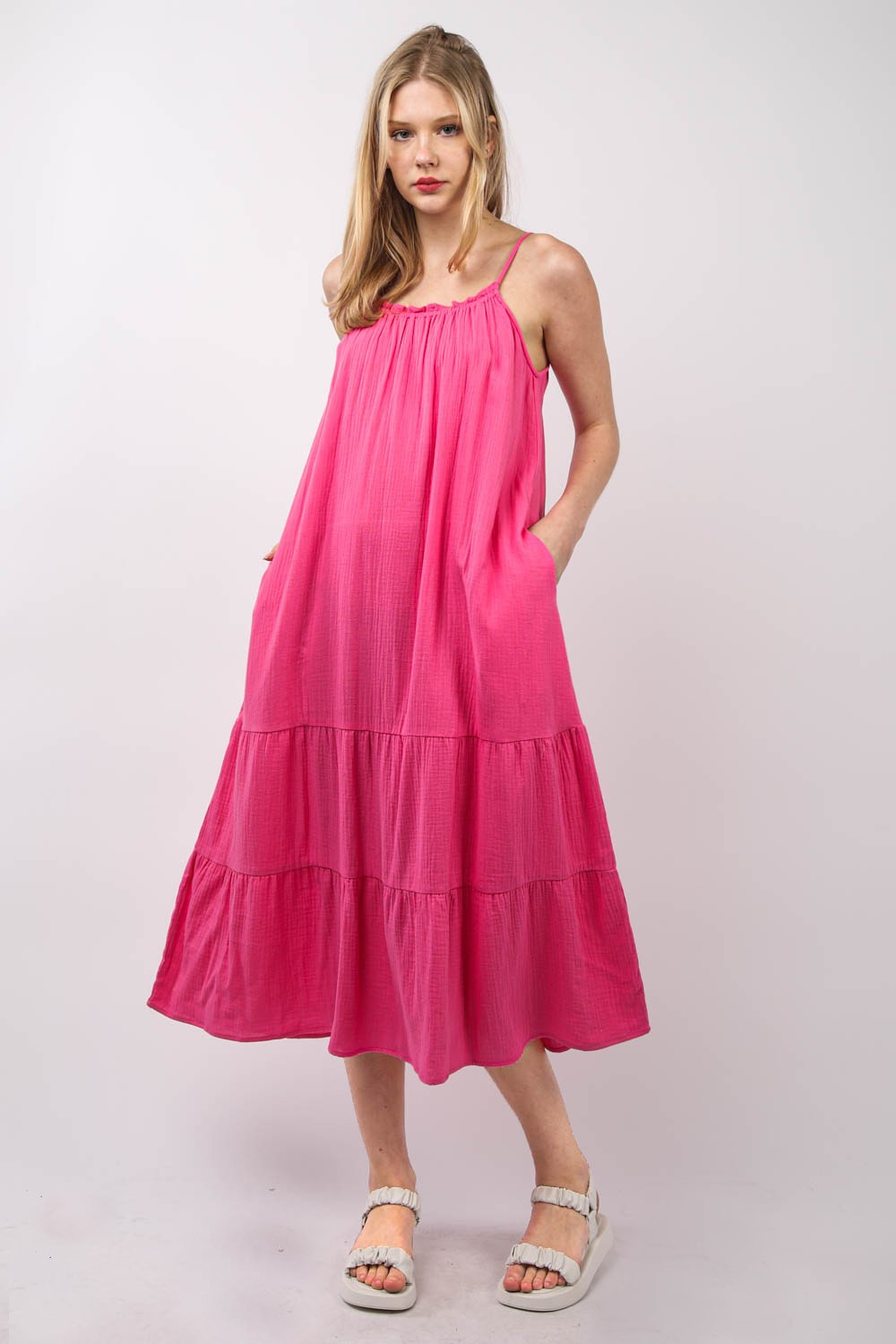 Tiered Ruffle Midi Dress Fuchsia