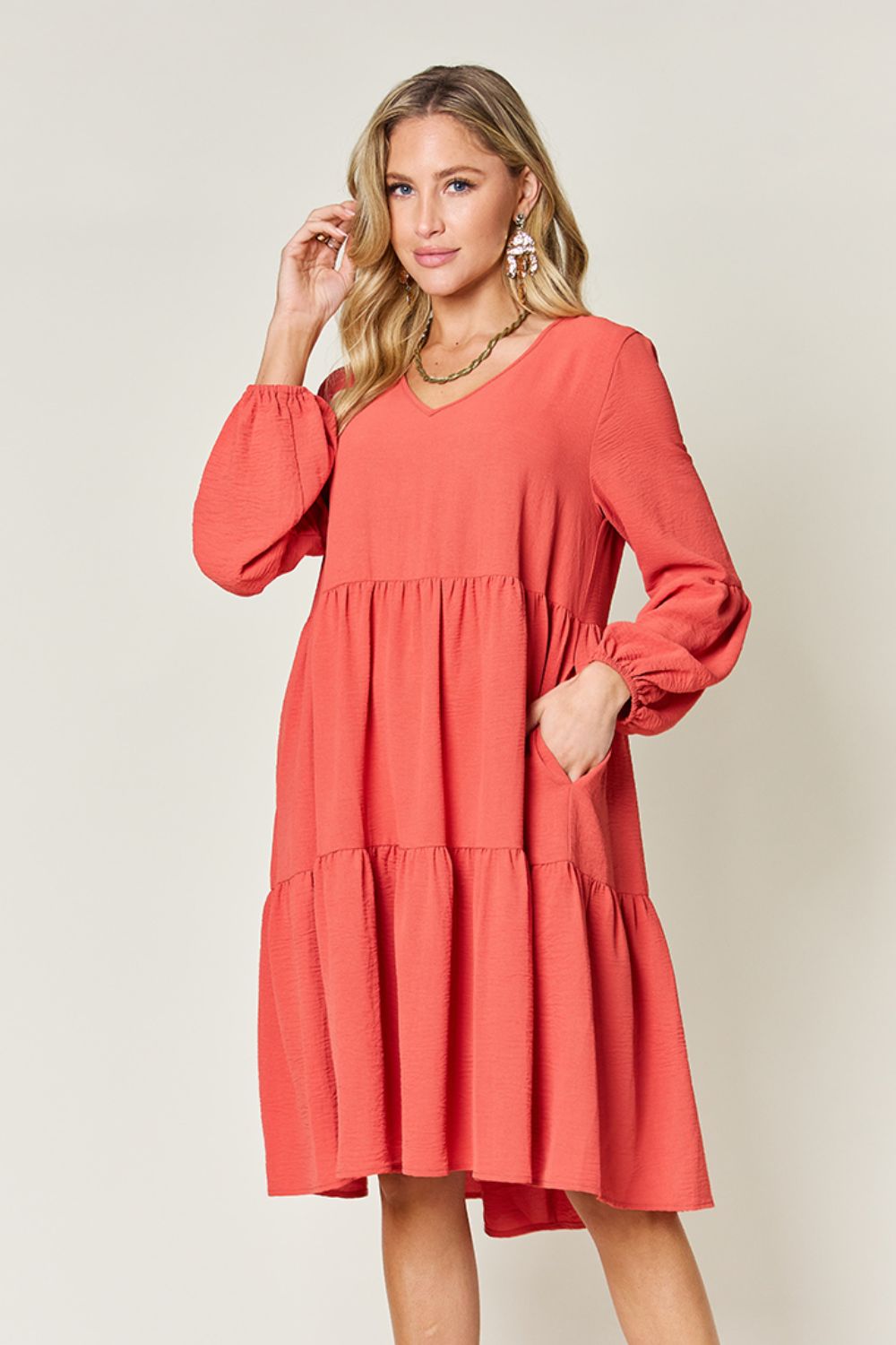 V-Neck Balloon Sleeve Tiered Boho Midi Dress Coral
