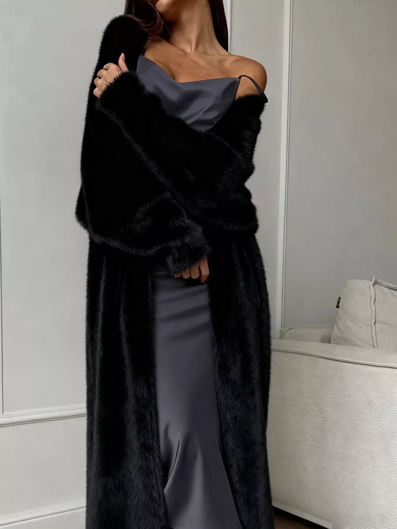 Fuzzy Open Front Longline Cardigan Black