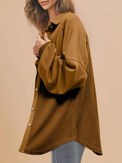 Waffle Knit Patchwork Exposed Seam Loose Shacket