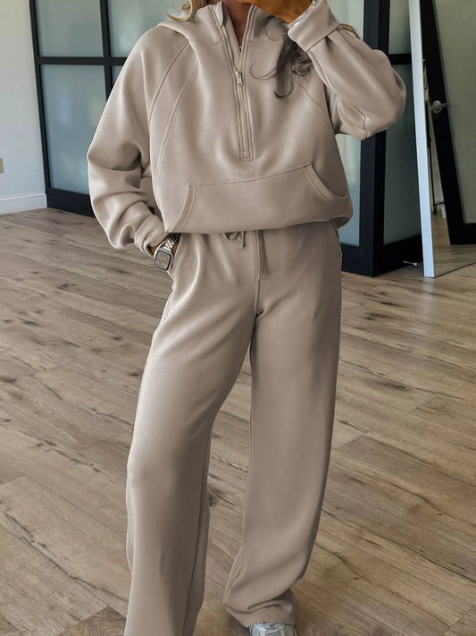 Half Zip Long Sleeve Hoodie and Pants 2pcs Outfit Beige