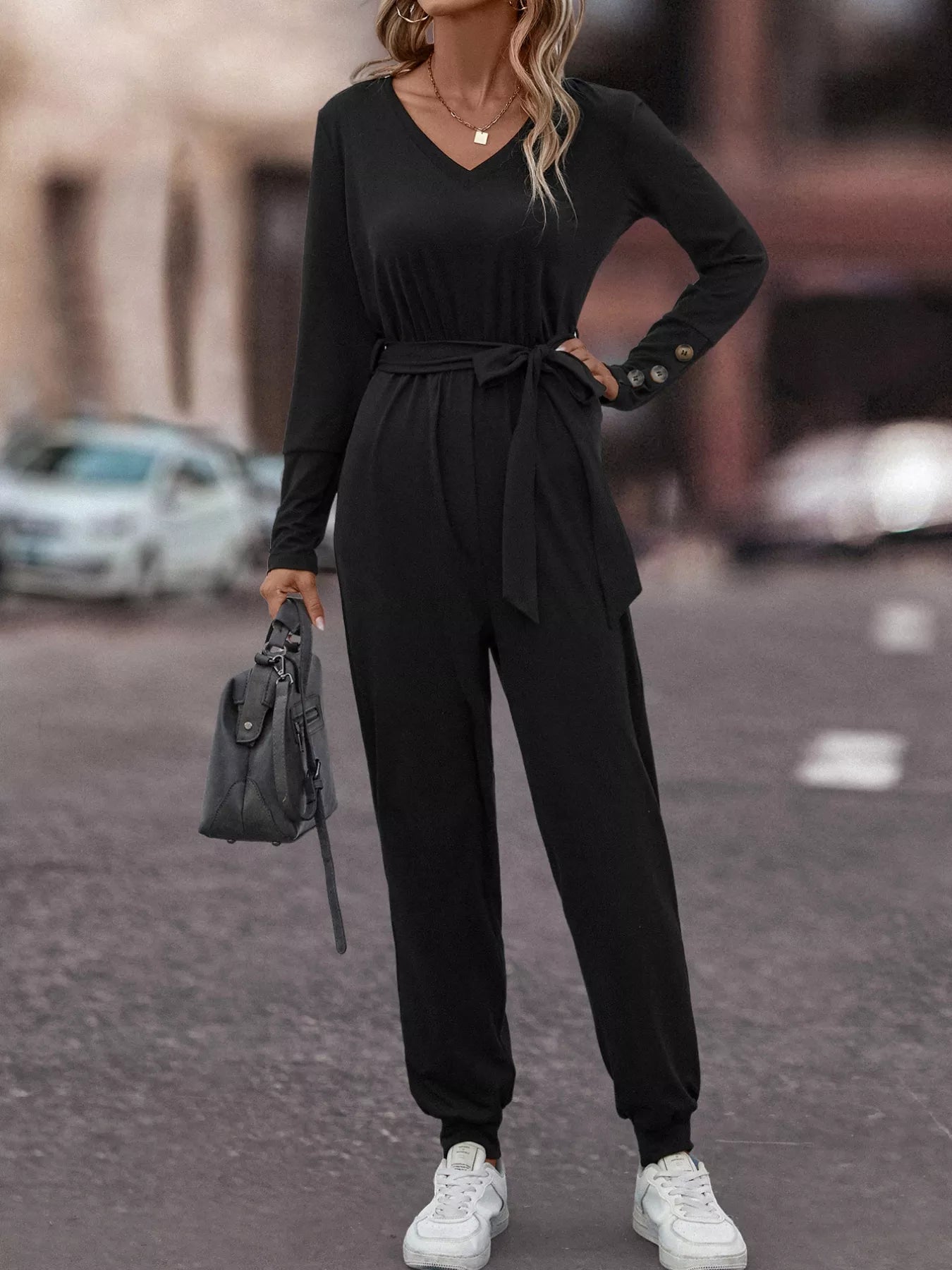 V-Neck Long Sleeve Tie Waist Jumpsuit