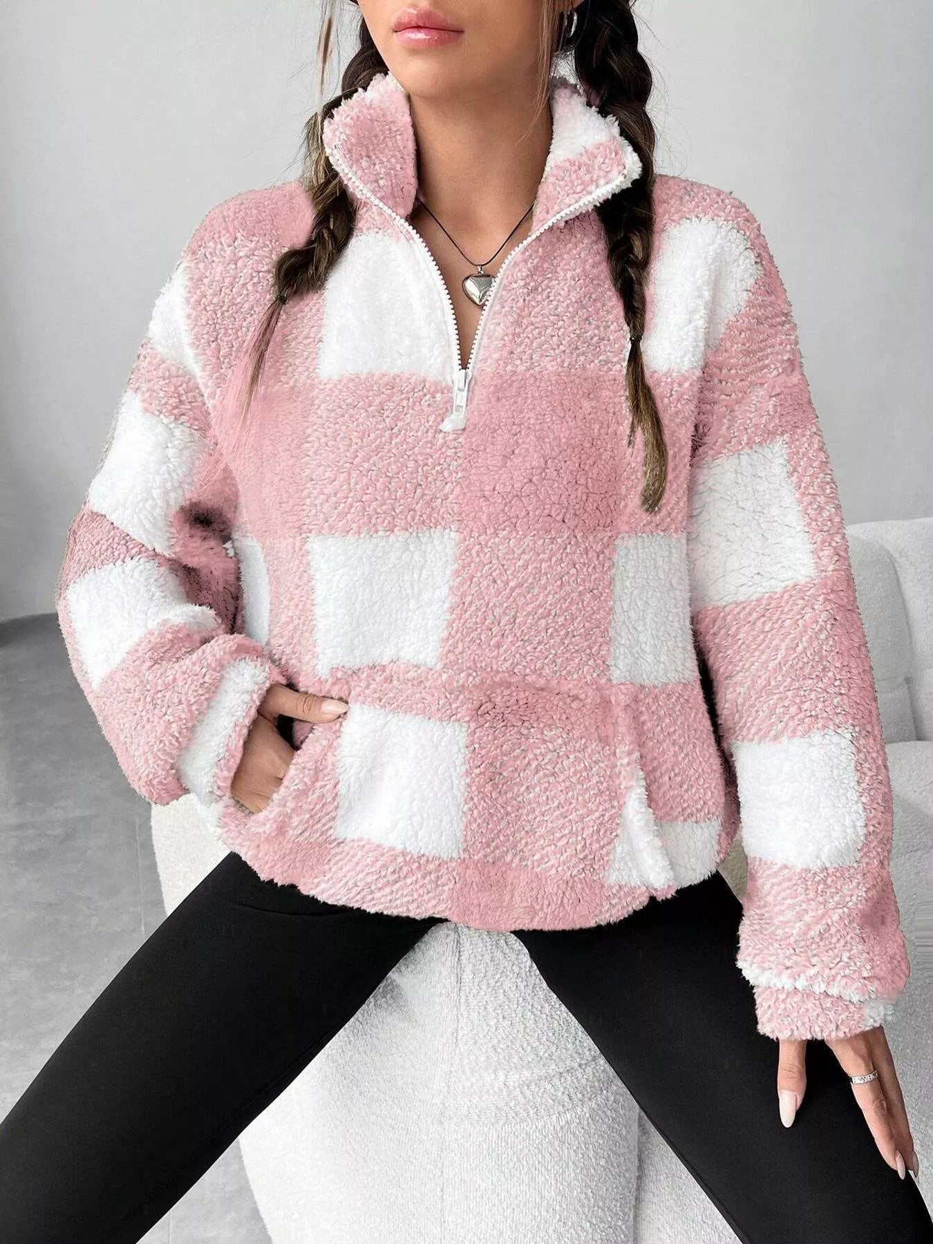 Full Size Plaid Sherpa Long Sleeve Sweatshirt Plus Size Pink