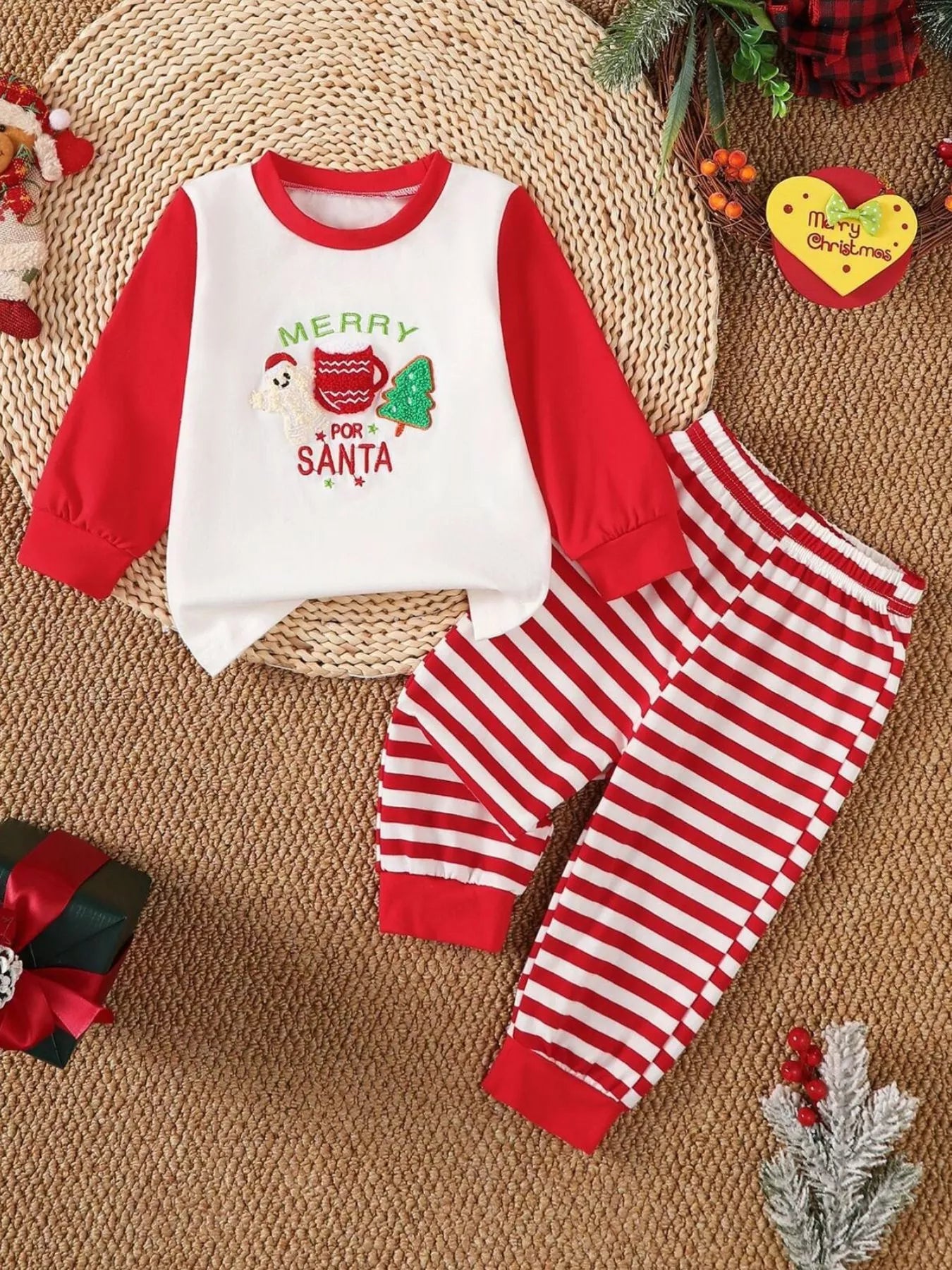 Children's Christmas Reindeer Striped Pajama Set White