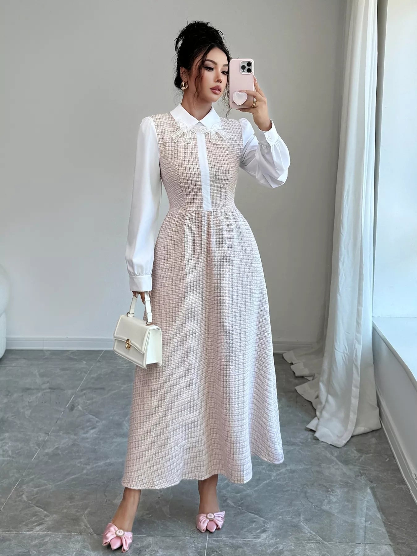 Tweed Long Sleeve A-Line Midi Dress