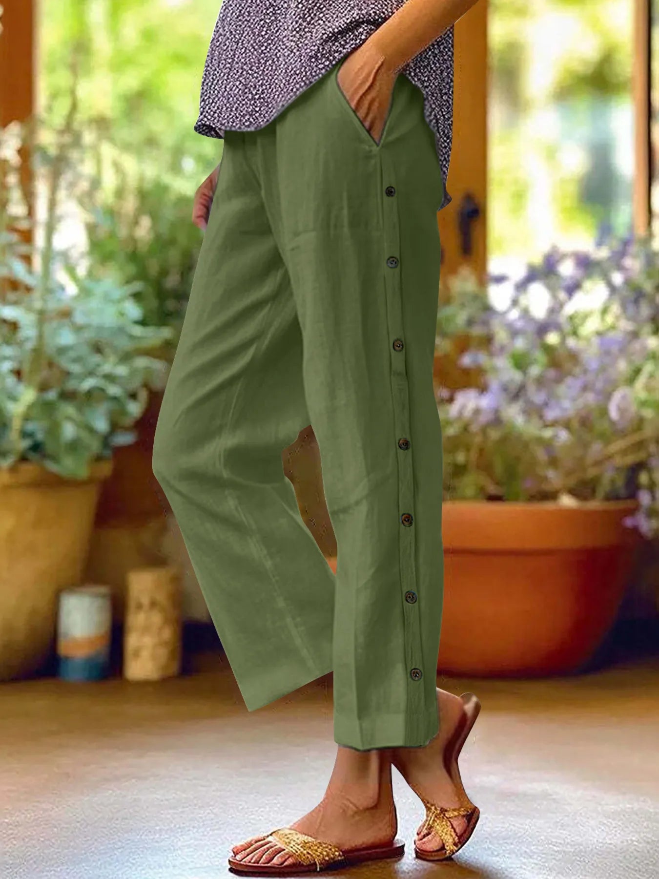 Full Size Side Decor Button Casual Wide Leg Pants Plus Size Green