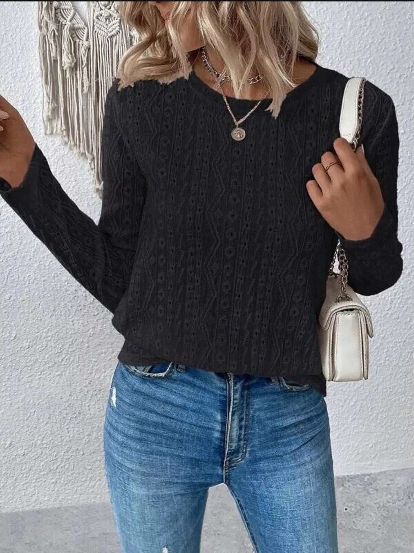 Full Size Eyelet Round Neck Long Sleeve Blouse Plus Size Black