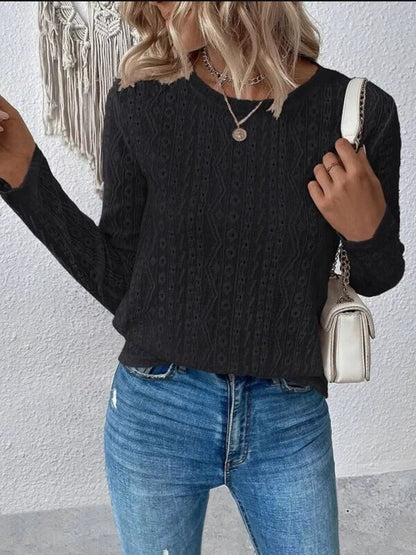 Full Size Eyelet Round Neck Long Sleeve Blouse Plus Size Black