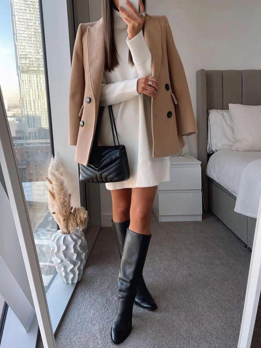 Lapel Collar Double-Breasted Blazer Khaki