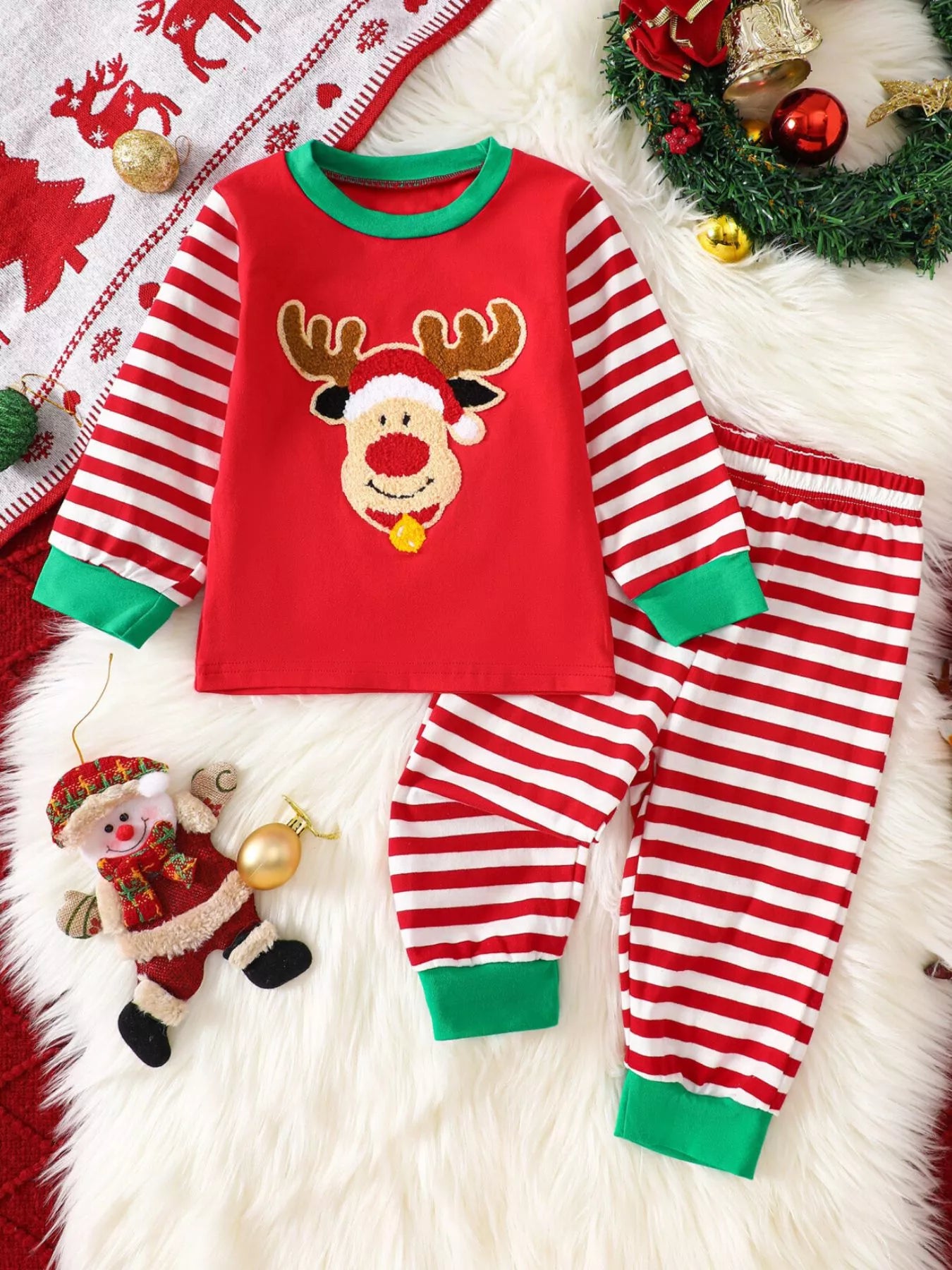 Children's Christmas Reindeer Striped Pajama Set Red