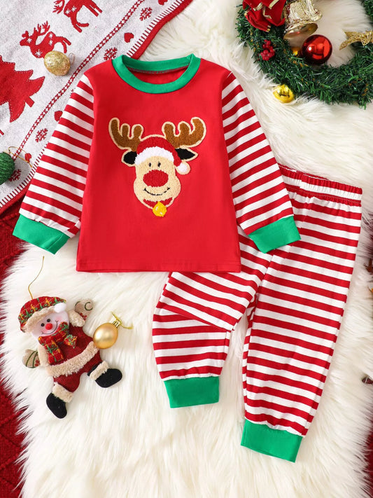 Children's Christmas Reindeer Striped Pajama Set Red