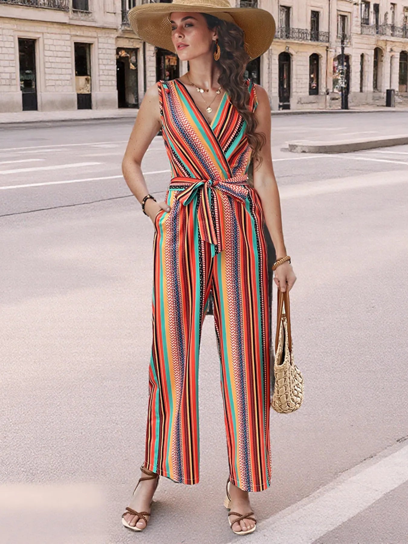 Striped Sleeveless Tie Waist Jumpsuit Orange