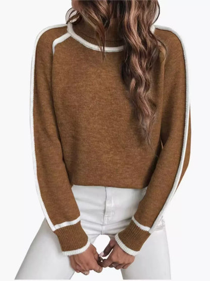 Full Size Turtleneck Contrast Trim Sweater Plus Size Caramel