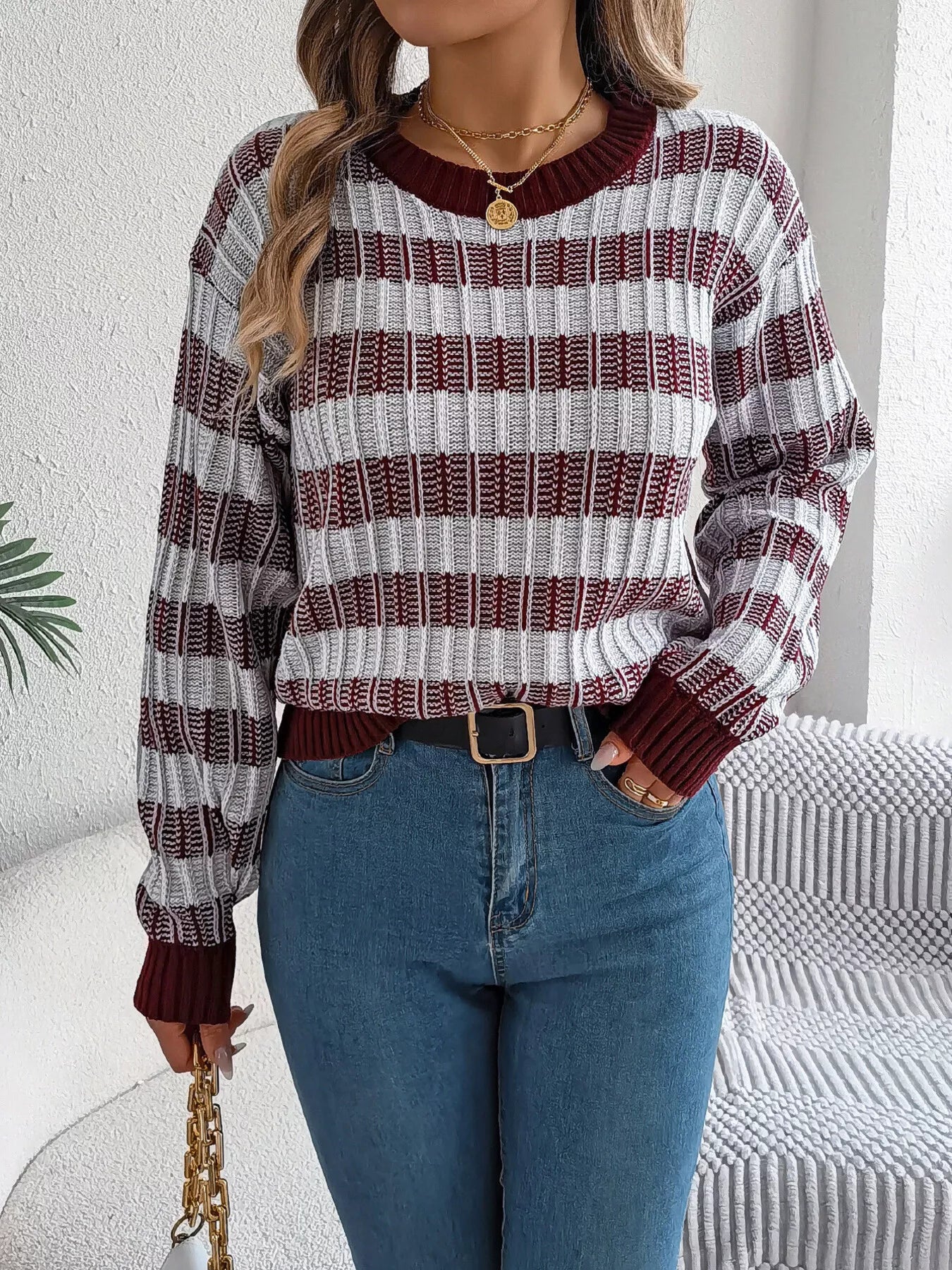 Striped Round Neck Long Sleeve Sweater
