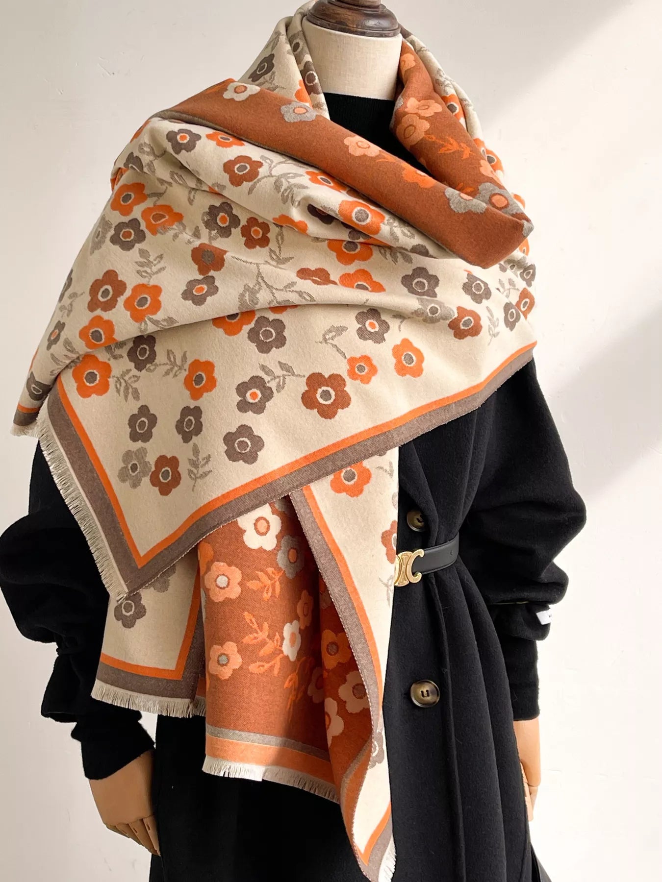 Floral Print Warm Winter Scarf Caramel One Size