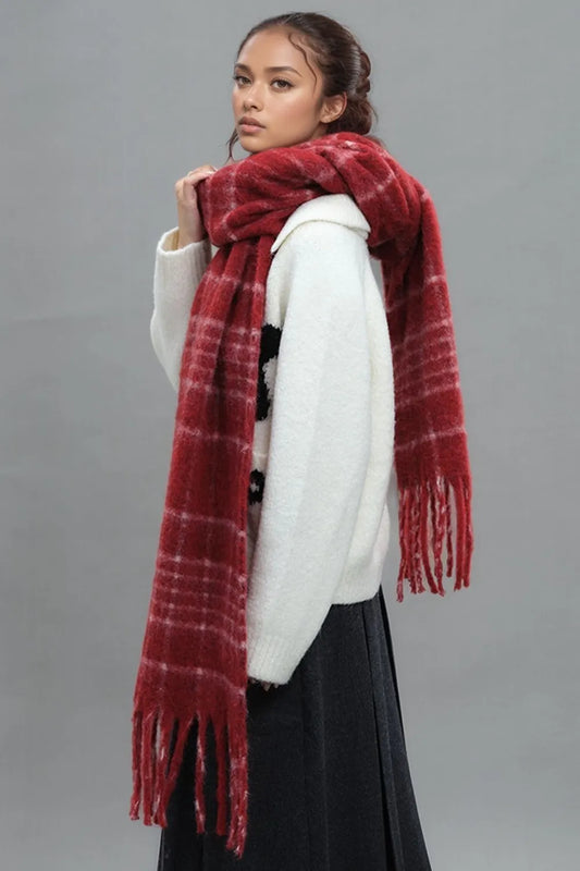 Fringe Plaid Thermal Scarf Deep Red One Size