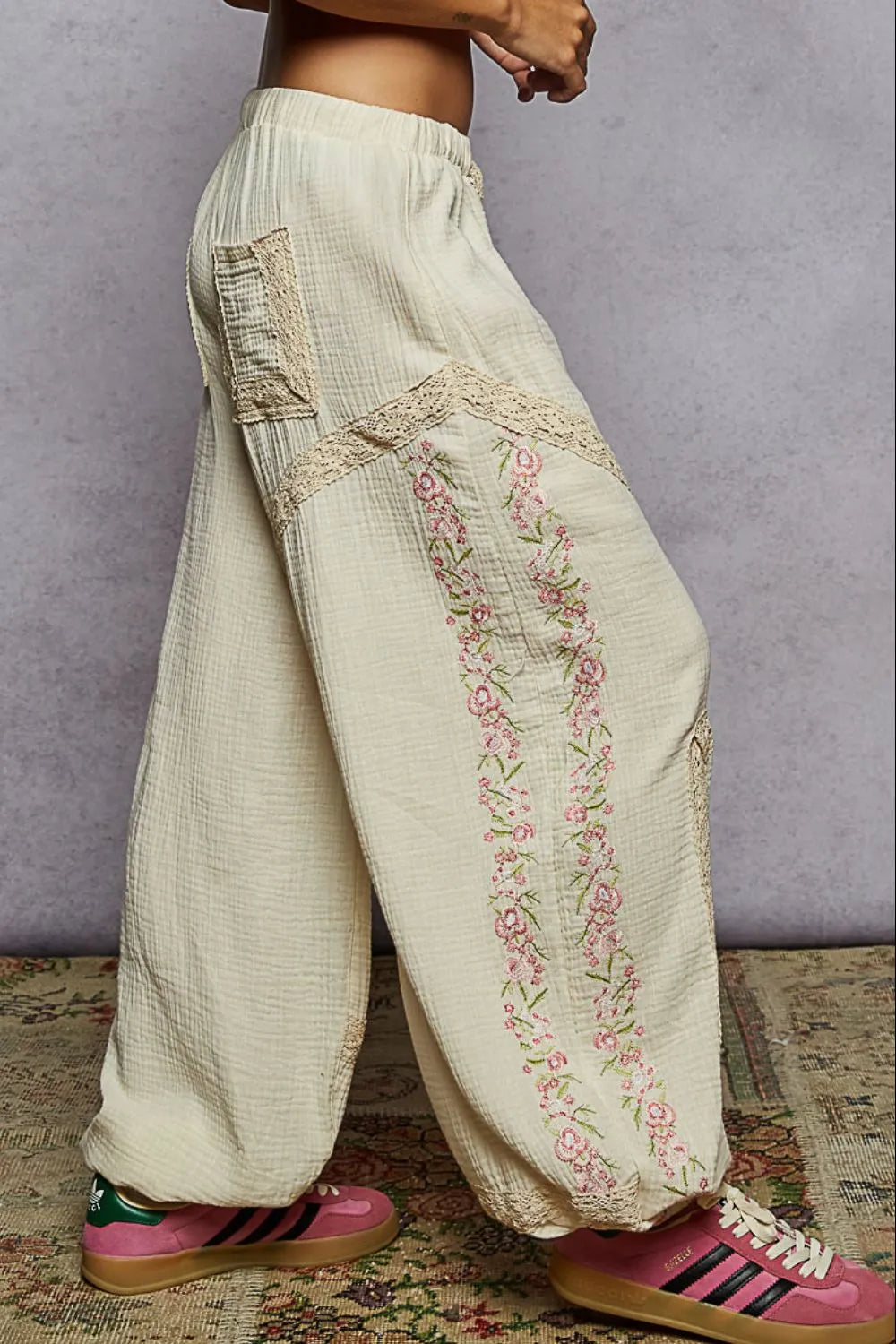 POL Floral Embroidered Drawstring Joggers with Lace Trim